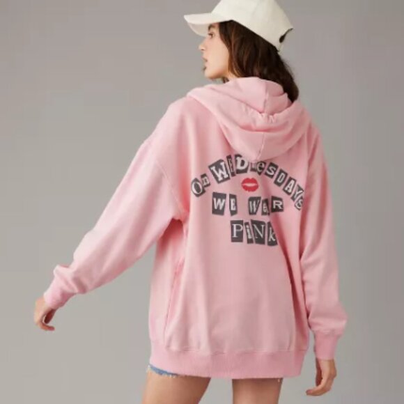 AE x Mean Girls Oversized Zip-Up Pink Hoodie sz M On Wednesdays We Wear Pink NWT - Picture 4 of 9
